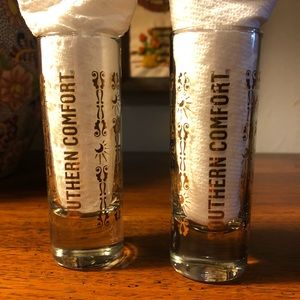 Southern Comfort Tall 4" Shot Glasses Gold Print Scrolls Swirls Moon Sun Designs